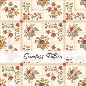 Peut inclure: Un motif répétitif composé d'une grille de carrés crème décorés de bouquets de roses rouges, de feuilles d'érable orange et de baies, alternant avec de petits blocs géométriques style patchwork et le texte Seamless Pattern PixWeave.