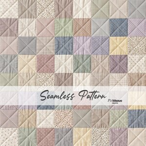 Puede incluir: Un patrón de edredón sin costuras con un diseño de patchwork en tonos pastel de beige, rosa, azul y verde. Los cuadrados están dispuestos en una cuadrícula y tienen una textura acolchada. El texto "Seamless Pattern" se muestra en la imagen.