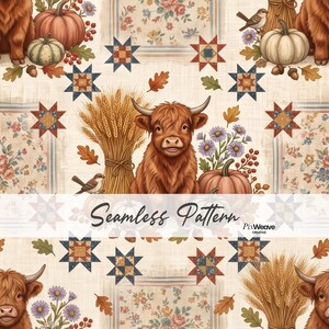 May include: A seamless pattern featuring illustrations of brown highland cattle, orange and white pumpkins, wheat sheaves, small birds, and floral arrangements. The design includes geometric star motifs and text reading Seamless Pattern.
