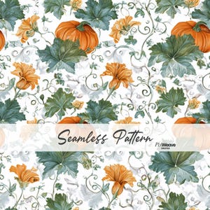 Könnte beinhalten: Ein nahtloses Muster mit orangefarbenen Kürbissen, großen grünen Blättern und gelben Blüten auf weißem Grund. Das Design enthält dünne, geschwungene Ranken, die die Elemente verbinden. Der Text Seamless Pattern und PixWeave Creative ist zu sehen.