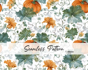 Patrón sin costuras de enredaderas de calabaza vintage, diseño de tela de cosecha estilo cottagecore, papel digital rústico de otoño para granja.