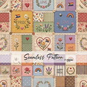 May include: A patchwork design featuring embroidered squares with floral, heart, and rainbow motifs. The squares include the words "LOVE", "PRIDE", and "HAPPY PRIDE". The design has a vintage aesthetic with lace trim and button accents.
