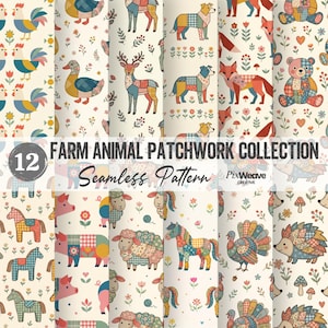 May include: A digital collection of 12 seamless patterns titled Farm Animal Patchwork Collection by PixWeave Creative. The designs feature colourful patchwork-style illustrations of roosters, ducks, deer, dogs, foxes, bears, pigs, sheep, horses, turkeys, and hedgehogs on a cream background.
