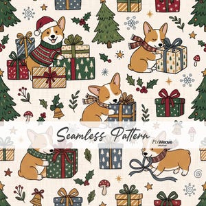 Puede incluir: Un patrón continuo con perros Corgi ilustrados que llevan bufandas de invierno y un gorro de Papá Noel, rodeados de regalos de Navidad, abetos, acebo, setas y copos de nieve sobre un fondo crema con el texto Seamless Pattern.
