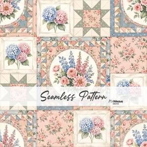 May include: A seamless pattern featuring a patchwork design of floral squares and circles. The print displays blue and pink hydrangea clusters, roses, and star motifs in soft pastel tones. The text Seamless Pattern and PixWeave Creative is visible.