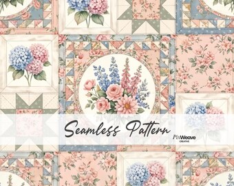 Patrón sin costuras de patchwork floral estilo shabby chic, tela de patchwork con hortensias estilo cottagecore, papel digital de rosas vintage.