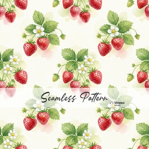 Może przedstawiać: Bezszwowy wzór akwarelowy z dojrzałymi czerwonymi truskawkami, zielonymi liśćmi i białymi kwiatami. Projekt zawiera tekst "Seamless Pattern". Tło ma jasnożółty podkład akwarelowy.