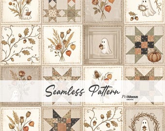 Ghost Quilt Seamless Pattern, Vintage Halloween Digital Paper, Cottagecore Patchwork Fabric, Autumn Farmhouse Floral Print