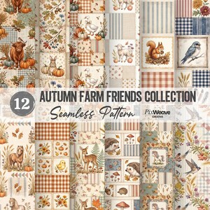 Könnte beinhalten: Eine digitale Sammlung von 12 nahtlosen Mustern mit dem Titel Autumn Farm Friends Collection von PixWeave Creative. Die Designs zeigen Patchwork-Quadrate mit Illustrationen von Nutztieren, Waldtieren, Kürbissen, Eicheln und Herbstblättern.