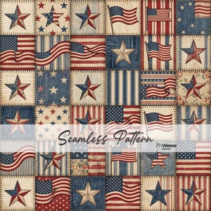 May include: A patriotic seamless pattern featuring patchwork squares with American flags and stars in red, white, and blue. The design includes waving flags, stars, and striped and dotted backgrounds, with the text "Seamless Pattern".