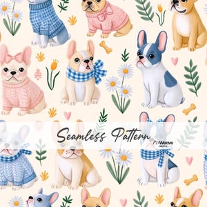May include: A seamless pattern featuring illustrations of French bulldogs in various poses, some wearing blue plaid scarves or pink cable-knit sweaters, interspersed with daisies, small hearts, and bones on a cream background. Text reads Seamless Pattern PixWeave.