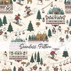 May include: A seamless pattern featuring winter illustrations on a cream background. The design includes skiers, snowmen, deer, pine trees, mountain cabins, ski lifts, and decorative geometric borders with hearts. Text reads Seamless Pattern.