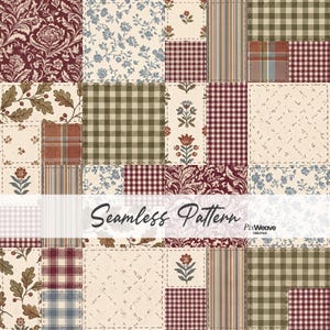 Puede incluir: Un diseño de patchwork con una cuadrícula de cuadrados con varios patrones, incluyendo motivos florales, cuadros vichy rojos y blancos, cuadros verde oliva, rayas y hojas de roble. El texto Seamless Pattern y PixWeave Creative está superpuesto.