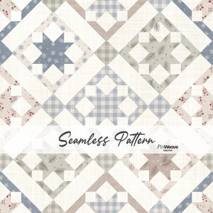 Könnte beinhalten: Ein nahtloses Muster mit einem sich wiederholenden Design im Quilt-Stil mit Rauten- und Sternformen. Die Motive umfassen blaue Schneeflocken, grüne Kiefernnadeln, rote Beeren und hellblaue Vichy-Karos auf weißem Grund mit dem Text Seamless Pattern PixWeave Creative.