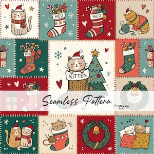 Peut inclure: Un motif répétitif composé d'une grille d'illustrations festives incluant des chats avec des bonnets de Noël, des chaussettes marquées MEO ou KITTEN, des sapins décorés, des couronnes avec des cloches et des cadeaux aux tons rouge, vert et crème.