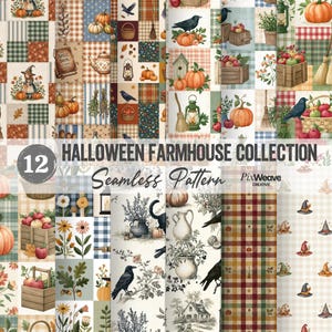 Könnte beinhalten: Eine digitale Sammlung von 12 nahtlosen Mustern mit einem Halloween-Bauernhof-Thema. Die Designs zeigen Illustrationen von Kürbissen, Krähen, Hexenhüten, Äpfeln in Holzkisten, Laternen, Besen und Karomustern in herbstlichen Farben.