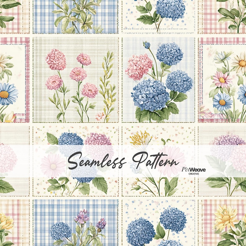 Seamless hydrangea patchwork pattern featuring watercolor flowers, gingham blocks, and vintage quilt-inspired squares.