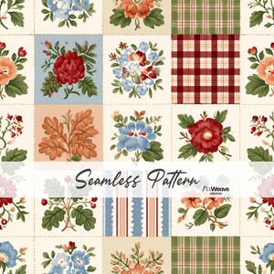 Peut inclure: Un motif sans couture composé d'une grille de carrés avec divers arrangements floraux, des carrés à carreaux rouges et blancs, et des carrés à rayures bleues et blanches. Le design inclut les couleurs rouge, bleu, orange et vert avec le texte Seamless Pattern.