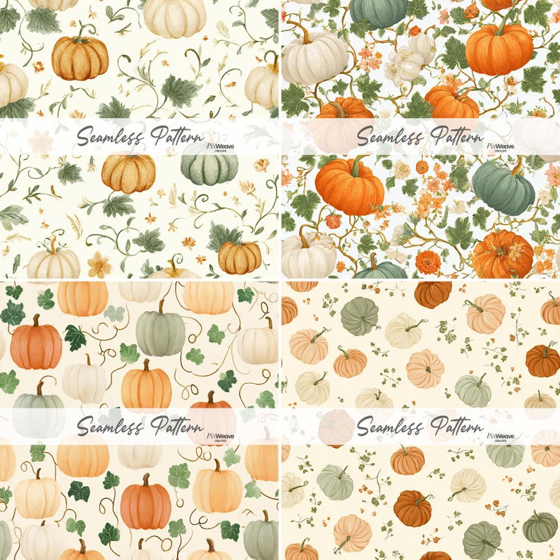 Fall cottagecore digital paper set featuring pumpkins florals and harvest motifs