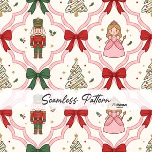 Vintage Pink Nutcracker Christmas Seamless Fabric Pattern, Princess & Toy Soldier, Cottagecore Digital Paper, scrapbook printable