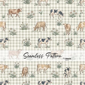 May include: Seamless pattern featuring illustrations of cows in various poses, interspersed with floral and plant elements, set against a light green and white checkered background. The text "Seamless Pattern" is displayed in the center.