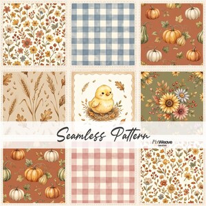 Op de afbeelding: Een raster van negen vierkante panelen met seizoensgebonden patronen, waaronder herfstbloemen, blauw-witte ruitjes, pompoenen op oranje, tarwestengels, een geel kuikentje in een nest, zonnebloemen, pompoenen op bruin, roze ruitjes en bloemenprints.
