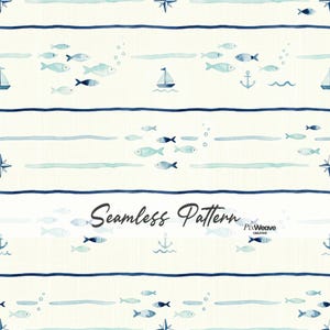 Puede incluir: Un patrón sin costuras con temática náutica. El diseño incluye ilustraciones de acuarela de peces, veleros, anclas, rosas de los vientos y líneas onduladas en tonos azules y blancos. Las palabras "Seamless Pattern" se muestran en una fuente de escritura.