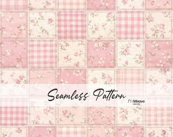 May include: A seamless pattern featuring a patchwork design with squares of pink gingham, floral prints, and solid pink blocks. The design includes the text "Seamless Pattern".