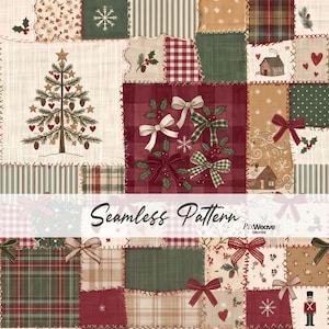 Könnte beinhalten: Ein Patchwork-Stoffdesign mit Weihnachtsmotiven, bestehend aus Karos, Streifen und einfarbigen Quadraten. Die Muster zeigen einen geschmückten Tannenbaum, Schleifen, Stechpalmen, Schneeflocken, Herzen, ein kleines Haus und einen Nussknacker.