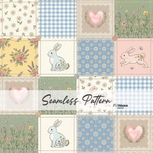 Vintage Bunny Patchwork Seamless Pattern, Cottagecore Easter Quilt Digital Paper, Floral Gingham Nursery Fabric Print, Spring Bunny Design