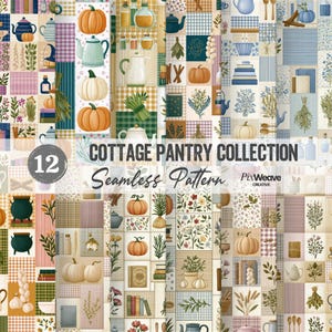 Cottage Pantry Seamless Pattern Bundle, Autumn Farmhouse Patchwork, Pumpkin Kitchen Digital Paper, 12 Fall Cottagecore Patterns