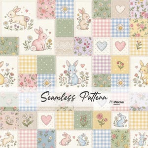 Pode incluir: Um padrão sem costura com um design de patchwork em cores pastel. O padrão inclui ilustrações de coelhos, flores, corações e quadrados xadrez. O texto "Seamless Pattern" é exibido na parte inferior.