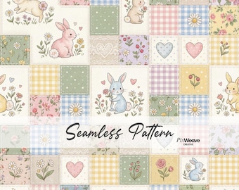 Padrão sem costura de patchwork com coelhinhos da Páscoa em tons pastel, papel digital para colcha de primavera estilo cottagecore, estampa floral xadrez fofa para tecido de berçário.