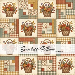 Può includere: Un motivo continuo caratterizzato da una griglia di quadrati alternati. Alcuni quadrati mostrano un cesto intrecciato pieno di foglie autunnali, bacche e fiori. Gli altri quadrati presentano un design patchwork con motivi a quadri e floreali.