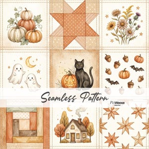 Op de afbeelding: Een naadloos patroon met een raster van negen vierkanten met herfstthema's, waaronder pompoenen, een ster-quiltblok, wilde bloemen, geesten, een zwarte kat met een pompoenlantaarn, eikels, vleermuizen, een blokhut-quiltblok en een huis met bomen.