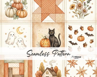 Halloween Patchwork Nahtloses Muster, gemütlicher Herbst Quilt Stoff, Kürbis Geist schwarze Katze Cottagecore Digital Papier