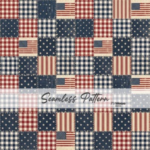 Americana lapptäcke sömlöst mönster, patriotiskt gingham-quilttyg digitalt papper, vintage 4 juli-textil