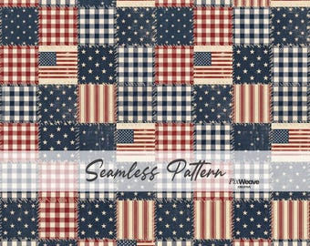 Padrão patchwork americano sem costura, papel digital para tecido de colcha xadrez patriótico, tecido vintage para o 4 de julho.