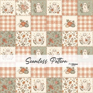 Peut inclure: Un motif répétitif composé d'une grille de carrés illustrant des fantômes tenant des citrouilles, des compositions florales et des citrouilles sur un fond à carreaux dans des tons orange, vert sauge et crème. Le texte Seamless Pattern PixWeave Creative est superposé au centre.
