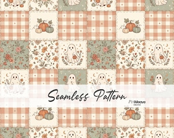 Cute Ghost Patchwork Seamless Pattern, Cottagecore Halloween Fabric, Pink Gingham Pumpkin Digital Paper, Floral Quilt Print