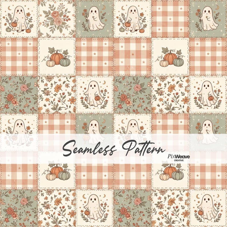 Cute ghost patchwork seamless pattern with blush gingham pumpkins and vintage flowers