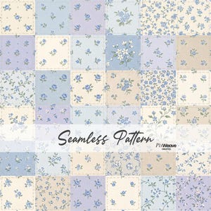 Puede incluir: Un patrón de patchwork sin costuras con cuadrados en tonos de azul, lavanda y crema, adornados con delicados diseños florales azules. El texto "Seamless Pattern" se muestra en el centro.