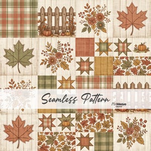 May include: A digital seamless pattern featuring a grid of autumn-themed squares with illustrations of pumpkins, wooden fences, maple leaves, floral bouquets, and star-shaped quilt blocks in shades of orange, green, and brown with text Seamless Pattern.