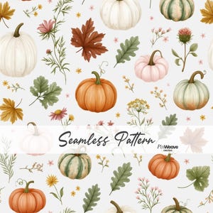 Vintage Pumpkin Botanical Seamless Pattern, Cottagecore Autumn Digital Paper, Watercolor Harvest Fabric, Neutral Fall Floral