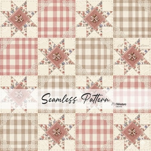 May include: A seamless pattern featuring a patchwork design with squares of gingham, floral, and star patterns. The color palette includes shades of pink, beige, and brown, with decorative lace accents. The text "Seamless Pattern" is displayed.