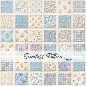 Può includere: Un motivo senza cuciture con un design patchwork. Presenta stampe floreali e a quadri vichy in tenui colori pastello. I quadrati sono delineati con cuciture color crema. Il testo "Seamless Pattern" è visualizzato.