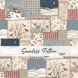 Pode incluir: Um padrão sem costuras com um design de patchwork de cenas de inverno, incluindo paisagens nevadas com pinheiros, veados e pássaros em ramos. A estampa incorpora xadrez vermelho e branco, xadrez azul e texturas creme com costuras.