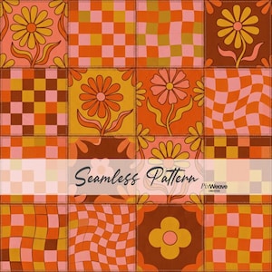 Puede incluir: Un patrón sin costuras con un diseño de patchwork. Presenta cuadrados florales y a cuadros en tonos de naranja, rosa y marrón. El texto "Seamless Pattern" se muestra en el centro.