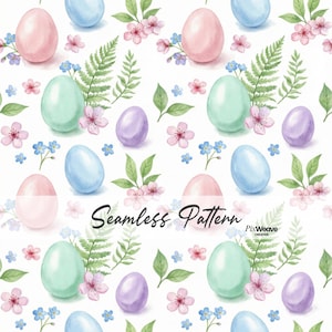Könnte beinhalten: Nahtloses Aquarellmuster mit pastellfarbenen Ostereiern in Rosa, Blau, Grün und Lila, durchsetzt mit zarten rosa Blüten, blauen Vergissmeinnicht und grünen Farnblättern. Der Text "Seamless Pattern" ist in schwarzer Schreibschrift geschrieben.