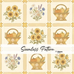 Könnte beinhalten: Ein nahtloses Muster mit einem Raster aus quadratischen Blöcken, die Sonnenblumensträuße, Wildblumenarrangements und geflochtene Körbe mit Kürbissen und Mais zeigen. Das Design enthält den Text Seamless Pattern und PixWeave Creative.
